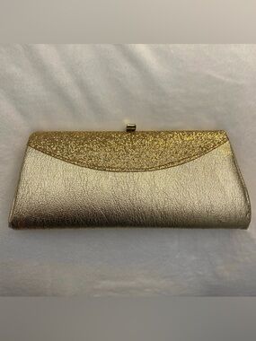 Vintage 50s GLAM GOLD Faux Leather/Glitter Clutch Purse Bag Chain Strap